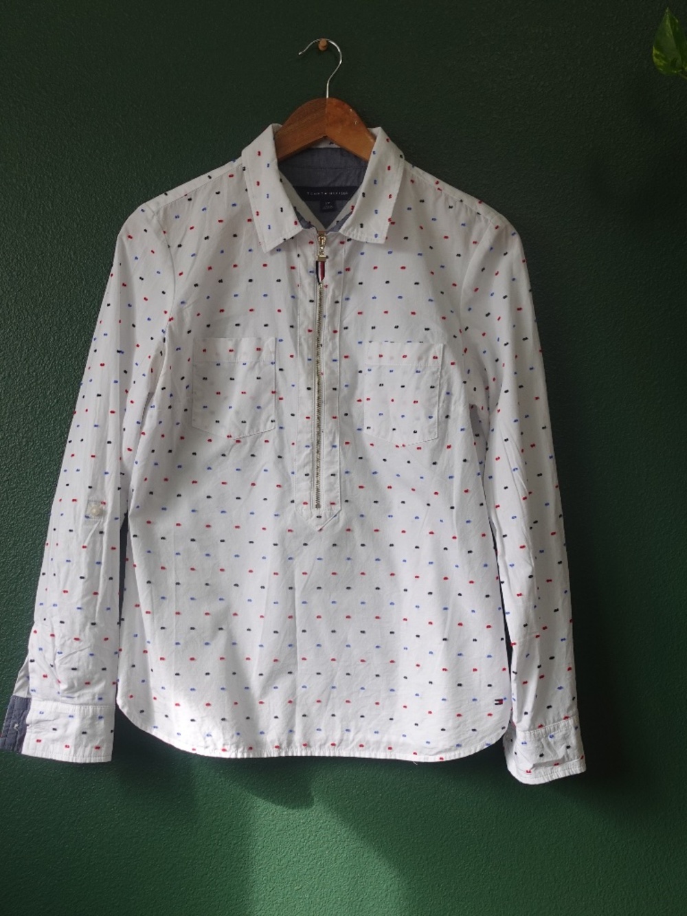 Tommy Hilfiger Half Zip Size S Roll Tab Long Sleeve White Polka Dot Cotton Top